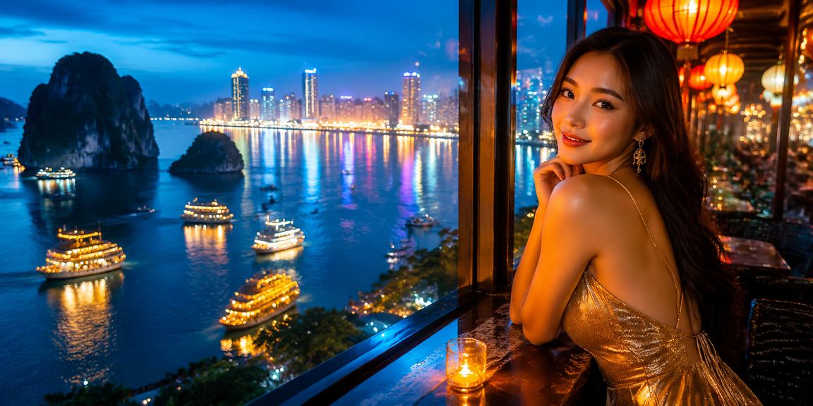 Vịnh Hạ Long buổi sáng – người dùng kiểm tra kèo thể thao và thông tin trận đấu trên điện thoại bên tách cà phê